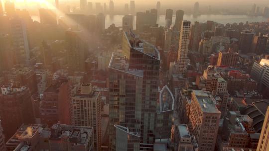 4K城市航拍纽约曼哈顿摩天大楼日出城市建筑