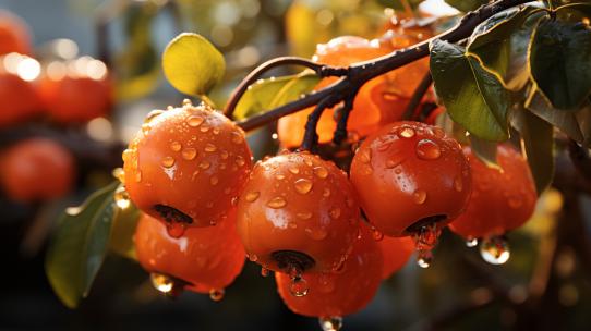 红柿子冬季特写阳光下的秋天柿子树农产品