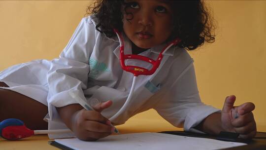 一个穿着医生服装的女孩正在用一支笔写字