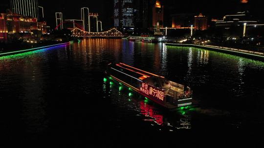 天津解放桥 世纪钟 天津站 夜景 4K航拍视频素材模板下载