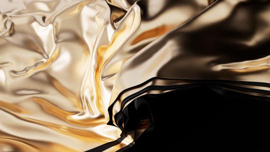 流动的多层黑金布料曲面背景3D渲染