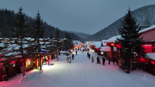 黑龙江雪乡冬季夜景风光航拍