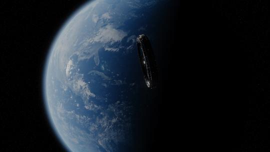 在地球上空运行的未来派圆形空间站4K
