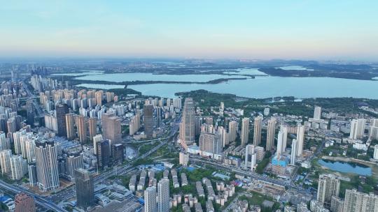 航拍武汉城市天际线高楼与5A级东湖景区