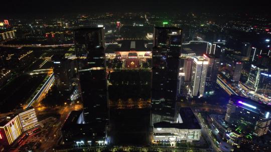 河南郑州绿地双子塔地标建筑夜景航拍