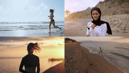 【合集】黄昏在沙滩上面慢跑的女性视频素材模板下载