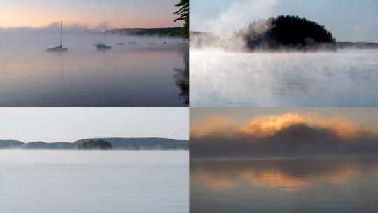 自然风光 湖面上的雾气江面雾气薄雾森林