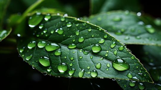 水滴叶子露珠绿叶特写植物精华清新树叶雨滴视频素材模板下载