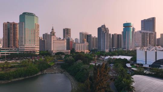 海口城市天际线日落航拍