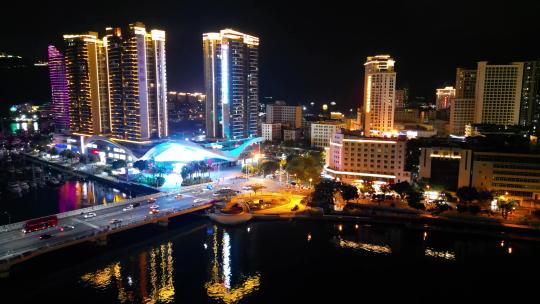 航拍海南三亚游艇旅游中心与帆船港帆船夜景