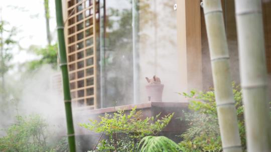 竹林中复古碳炉水壶围炉煮茶
