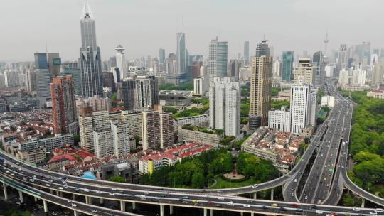 航拍上海延安路高架桥车城市风光