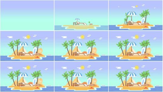 MG扁平场景背景Beach海岛沙滩椰子树沙滩椅高清AE视频素材下载