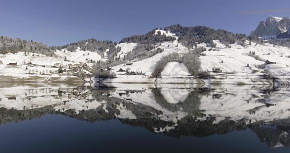 空中拍摄湖岸边的雪山