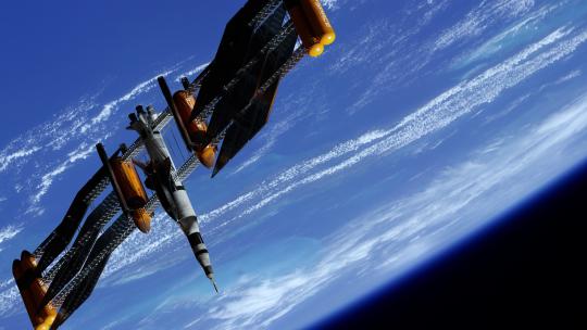 停靠的航天飞机绕地球运行的空间站4K视频素材模板下载