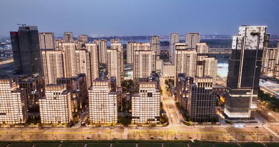 杭州亚运会亚运村城市建筑晚上亮灯夜景航拍