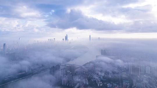 广州珠江摩天大楼建筑群平流云雾航拍延时视频素材模板下载