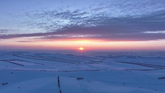 航拍4K内蒙古雪域雪原日落