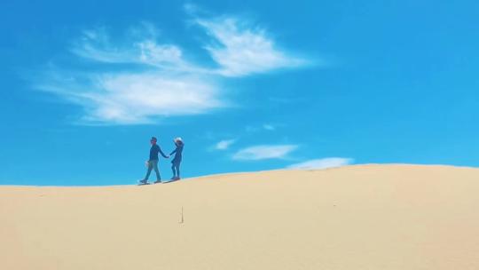 手拉手的情侣行走在沙漠上