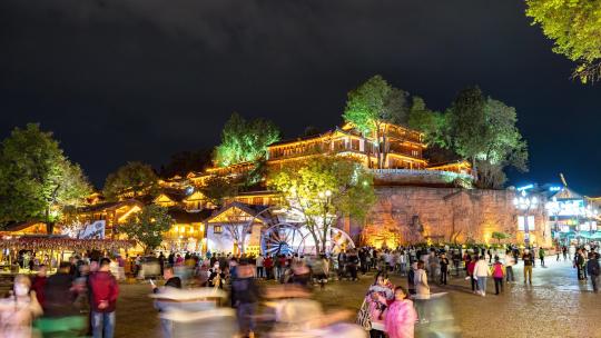 丽江古城大水车夜景延时