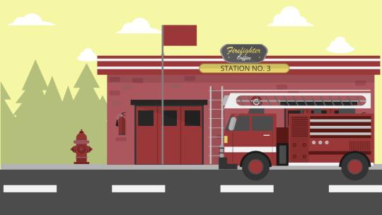 火警消防员消防车室外MG扁平卡通动画背景AE视频素材教程下载