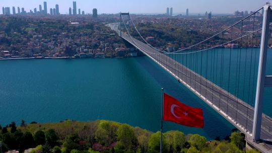 FSM（Fatih Sultan Mehmet）大桥、博斯普鲁斯海峡和建筑物的鸟瞰图