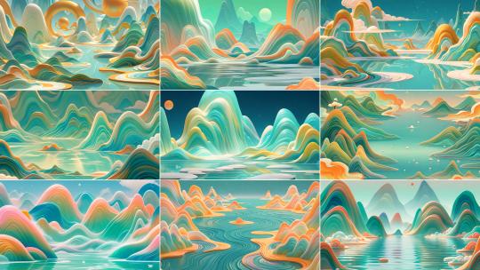 国潮山水舞台背景 卡通风格高清在线视频素材下载