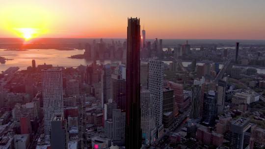 城市航拍布鲁克林塔日出纽约曼哈顿摩天大楼