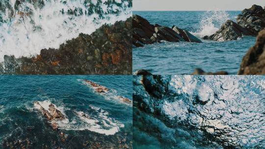 海浪翻滚海浪拍打礁石岩石海岸海水海边浪花