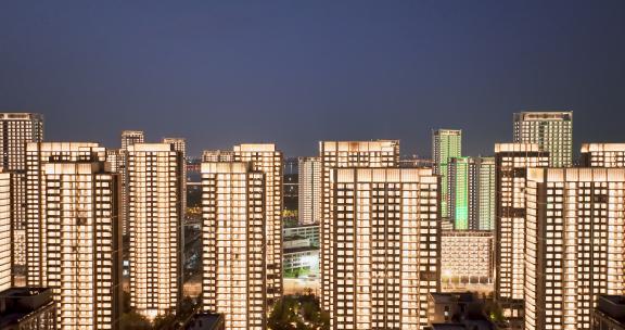 杭州亚运会亚运村城市建筑晚上亮灯夜景航拍