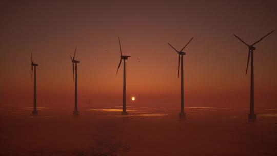 日落时海上风力涡轮机的3D动画