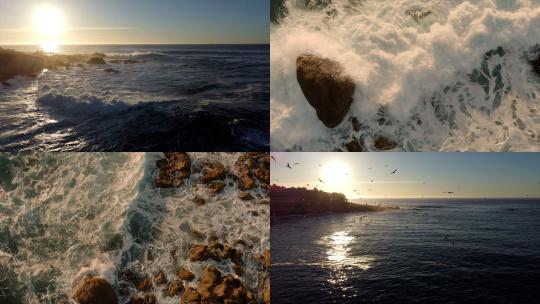 航拍海上日出海鸥飞翔海浪翻滚海浪拍打岩石