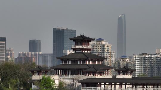 武汉龟山风景区与现代高楼航拍风光