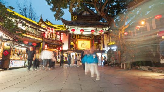 成都锦里景区商业街步行街戏台夜景延时摄影
