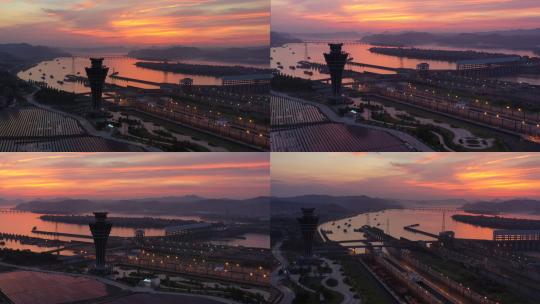 漫天夕阳下的西江长洲水利枢纽船闸高清在线视频素材下载