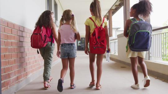 不同女孩在学校走廊散步和交谈的背影视频