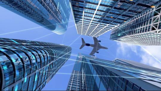 震撼飞机飞越CBD大楼科技经济金融发展