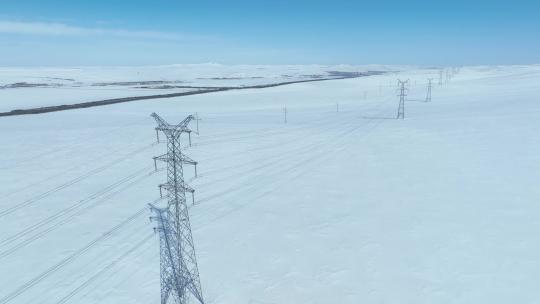 内蒙古呼伦贝尔雪原电力传输自然风光航拍