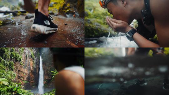 雨林瀑布溯溪徒步探险高清在线视频素材下载