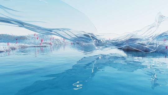 蓝色湖面与流动的透明布料3D渲染