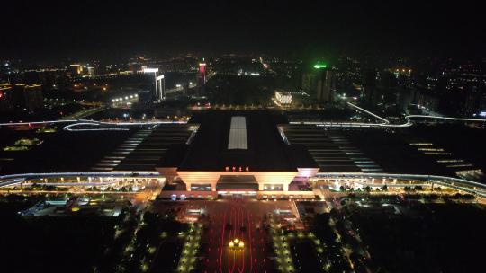 河南郑州火车站夜景灯光航拍