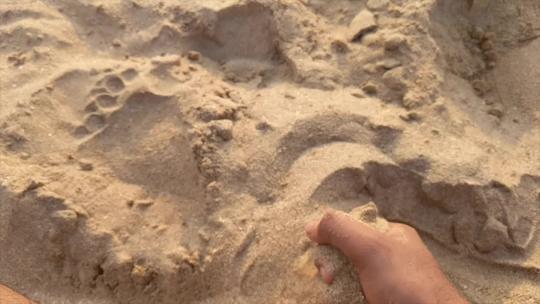 在沙滩上抓沙子