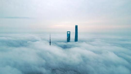 上海东方明珠金融中心平流雾航拍延时4k