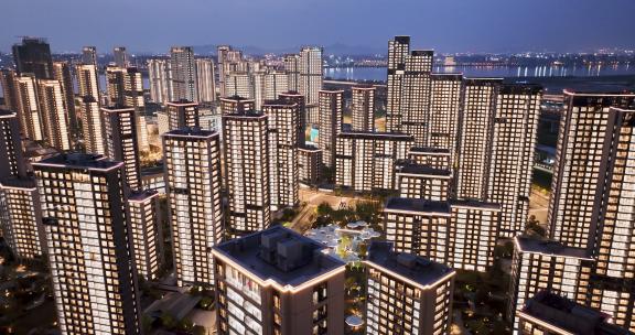 杭州亚运会亚运村城市建筑晚上亮灯夜景航拍