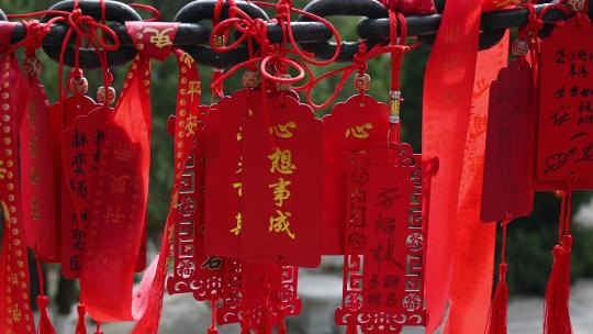 寺庙寺院祈福祈愿的红飘带和许愿树实拍素材视频素材模板下载