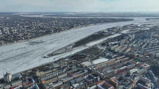黑河市黑龙江中俄边境城市航拍景观视频素材模板下载