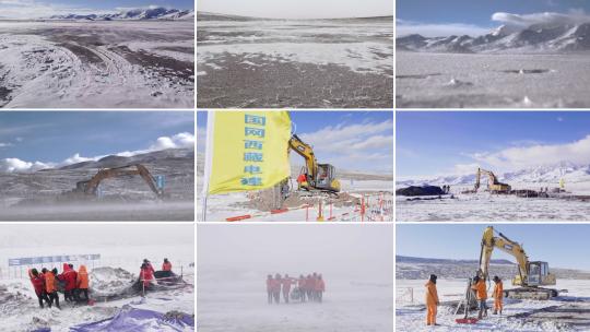 西藏阿里沼泽地暴雪中电力建设视频素材模板下载