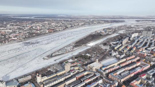 黑河市黑龙江中俄边境城市航拍景观视频素材模板下载