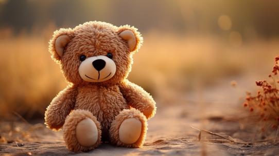 毛绒玩具泰迪熊日落玩偶小草童年孤独的孩子高清在线视频素材下载