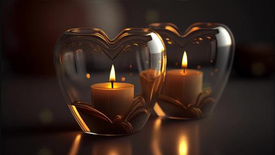 浪漫的两只心形蜡烛在燃烧